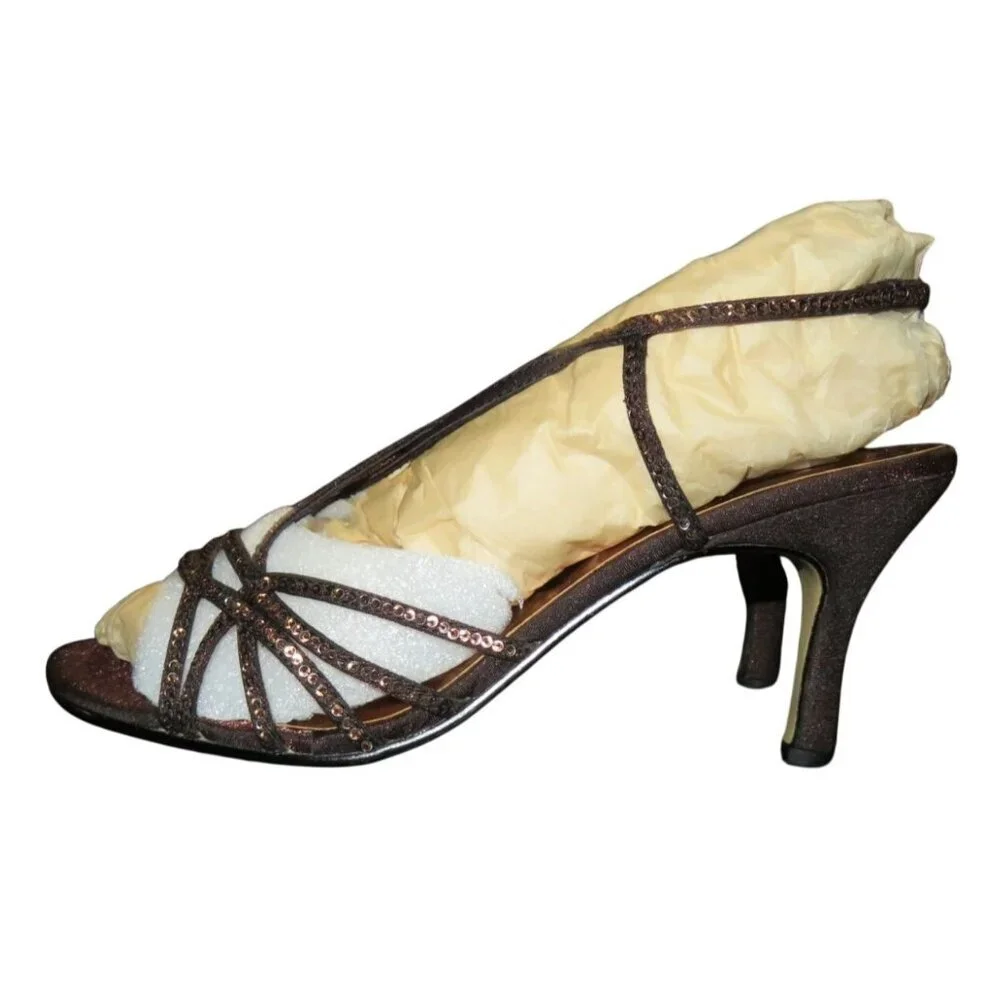 Valenti Franco Luann Bronze Italian Leather Strappy Glitter Heels Sandals 7.5